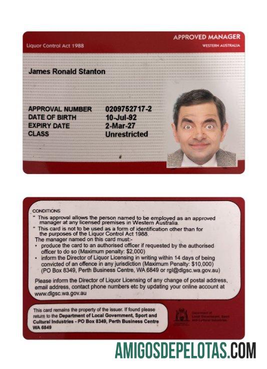 Cartão de licença de gerente aprovado pela Austrália Ocidental modelo